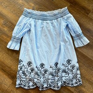 Blue Pepper off shoulder light blue striped embroidered dress